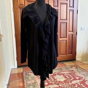 Allen Allen Sweater Cotton Rayon Black Ruffled Front Open Cardigan Sz S